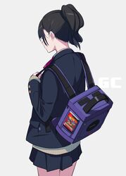  1girl absurdres back backpack bag black_hair blazer blue_background blush character_print covered_eyes fami_(yellow_skies) game_console game_cover gamecube highres intelligent_systems jacket long_hair mario super_mario_bros. nintendo original paper_mario paper_mario:_the_thousand-year_door pleated_skirt ponytail school_uniform simple_background skirt sleeves_past_wrists 