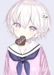  artist_name bangs black_shirt blue_background blue_neckwear candy capriccio chocolate chocolate_heart commentary_request eyebrows_visible_through_hair food food_in_mouth hair_between_eyes heart mouth_hold neckerchief original pink_sweater sailor_collar school_uniform serafuku shirt short_hair simple_background sweater translation_request upper_body valentine violet_eyes white_hair white_sailor_collar 