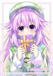  1girl adult_neptune artist_name bangs beret binato_lulu blush box checkered checkered_hat checkered_jacket choujigen_game_neptune commentary_request covering_mouth eyebrows_visible_through_hair gift gift_box hair_between_eyes hair_flaps hat holding holding_gift jacket long_hair long_sleeves looking_at_viewer neptune_(series) pink_hair purple_hair shiny shiny_hair sidelocks solo sweater upper_body valentine violet_eyes white_sweater 