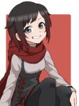  1girl black_hair cape commentary_request dress gazacy_(dai) grey_eyes highres looking_at_viewer multicolored_hair pantyhose redhead ruby_rose rwby short_hair smile solo 