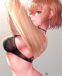  1girl bangs black_bra blonde_hair bra breasts brown_eyes choker choukoukou_no_diaosi commentary_request eyebrows_visible_through_hair grey_background highres large_breasts original short_hair simple_background solo sweater underwear upper_body 