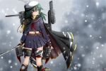  1girl absurdres alternate_costume black_serafuku cannon cape eyepatch green_eyes green_hair hat highres holding holding_sword holding_weapon kantai_collection kiso_(kantai_collection) long_hair long_sleeves pauldrons remodel_(kantai_collection) sailor_hat school_uniform sebunsu serafuku solo sword thigh_strap torpedo torpedo_launcher torpedo_tubes turret weapon 