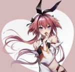  1991_(blz) 1boy animal_ears artist_name astolfo_(fate) astolfo_(saber)_(fate) bare_shoulders black_bow black_neckwear blush bow bowtie detached_sleeves fake_animal_ears fate/grand_order fate_(series) food fruit grey_background hair_bow hair_intakes hand_up heart highres holding holding_food holding_fruit long_hair long_sleeves looking_at_viewer male_focus midriff navel otoko_no_ko pink_hair rabbit_ears smile strawberry twitter_username upper_body violet_eyes wide_sleeves 