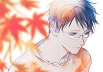  1boy 5046m autumn_leaves black_hair blue_eyes blurry_foreground chihayafuru glasses leaf male_focus simple_background upper_body wataya_arata white_background 