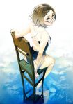 1girl back bare_shoulders blue_eyes brown_hair chair closed_mouth clouds dated glasses hair_ornament hairclip highres kyo_(kuroichigo) looking_back medium_hair mole original red_lips reflection signature sitting solo swimsuit water 