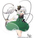  1girl artist_logo artist_name black_neckwear blue_eyes bow bowtie breasts dual_wielding fang frilled_skirt frills full_body green_skirt green_vest hair_between_eyes hairband holding katana konpaku_youmu konpaku_youmu_(ghost) open_mouth pikatsu scabbard sheath shirt short_hair short_sleeves silver_hair simple_background skirt skirt_set small_breasts solo string sword tassel thighs touhou unsheathed vest watermark weapon white_background white_shirt 