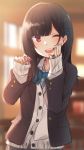  1girl ;d bangs black_hair black_jacket blazer blue_neckwear blurry blurry_background bow bowtie cardigan chocolate collared_shirt commentary_request depth_of_field eyebrows_visible_through_hair food grey_cardigan grey_skirt hair_ornament hairclip hands_up highres holding holding_food indoors jacket long_hair long_sleeves nagami_yuu one_eye_closed open_blazer open_clothes open_jacket open_mouth original red_eyes shirt skirt sleeves_past_wrists smile solo upper_body upper_teeth valentine white_shirt 
