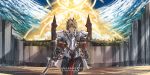  1girl anonamos armor blonde_hair castle clarent clouds dirty energy fate/grand_order fate_(series) gauntlets green_eyes highres looking_at_viewer mordred_(fate) mordred_(fate)_(all) pauldrons scenery sky smile star_(sky) starry_sky tree v-shaped_eyebrows walking wall 
