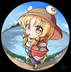  1girl blonde_hair brown_hat brown_shoes clouds dress fisheye food hat highres long_hair long_sleeves moriya_suwako pocky purple_dress ramudia_(lamyun) shoes sky solo touhou yellow_eyes 