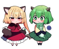  ... 2girls ? absurdres animal_ears animal_hands black_boots blinking blonde_hair blush boots bright_pupils capelet chibi closed_eyes closed_mouth commentary crystal_wings flandre_scarlet frilled_sleeves frills full_body gloves green_eyes green_hair hair_between_eyes highres holding komeiji_koishi light_smile long_hair long_sleeves looking_at_another medium_hair multiple_girls no_nose open_mouth otter_spirit_(touhou) paw_gloves red_capelet red_eyes red_shirt red_shoes red_skirt shirt shoes skirt sleeves_past_fingers sleeves_past_wrists spoken_ellipsis spoken_question_mark spoken_squiggle squiggle standing third_eye touhou v-shaped_eyebrows white_pupils wings you_(noanoamoemoe) 