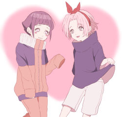  2girls aged_down black_hair commentary_request cosplay grey_eyes hairband haruno_sakura hyuuga_hinata jacket multiple_girls naruto_(classic) naruto_(series) orange_jacket orange_pants oversized_clothes pants pink_hair red_hairband short_hair shorts toco_(love-hmhm-tocotoco) uchiha_sasuke uchiha_sasuke_(cosplay) uzumaki_naruto uzumaki_naruto_(cosplay) violet_eyes white_shorts 