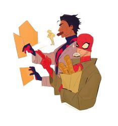  2boys bag baguette black_hair bodysuit bread coat commentary dark-skinned_male dark_skin dingnin98201637 doughnut food food_in_mouth hashtag-only_commentary holding holding_bag lapels long_sleeves male_focus marvel mask mask_lift miguel_o&#039;hara multicolored_bodysuit multiple_boys open_clothes open_coat paper_bag peter_b_parker short_hair simple_background spider-man spider-man:_across_the_spider-verse spider-man_(series) spider-verse spider_web_print superhero_costume symbol-only_commentary uneven_eyes white_background white_coat 