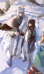  2boys absurdres alternate_costume animal_ears arknights bead_necklace beads bird black_boots black_gloves black_hair black_jacket black_pants black_shirt boots chinese_commentary closed_mouth covered_eyes doctor_(arknights) eagle full_body fur-trimmed_robe fur_trim gloves grey_eyes hadanugi_dousa hair_between_eyes hand_in_pocket hand_up highres hood hood_up hooded_jacket jacket jewelry leopard_boy leopard_ears leopard_tail lips long_sleeves looking_at_animal male_doctor_(arknights) male_focus medium_hair mountain multiple_boys multiple_necklaces necklace open_clothes open_jacket outdoors pants parted_lips robe seal_impression shirt short_hair side-by-side silverash_(arknights) snow snow_leopard_boy snow_leopard_ears snow_leopard_tail snowing standing string_of_flags tail tibetan_clothes tongshimllyy watermark weibo_watermark white_hair white_robe 