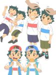  2boys artist_request ash_ketchum blue_stripes child clone eating food headpat holding holding_food looking_at_viewer multiple_boys pokemon red_stripes siblings twins 
