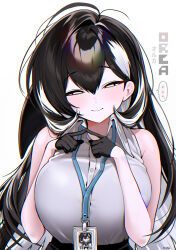  ... 1girl absurdres arms_up artist_name bare_shoulders black_gloves black_hair blush breasts closed_mouth collared_shirt commentary_request gloves hair_between_eyes haze_(7h4ze) highres id_card lanyard large_breasts light_smile long_hair looking_at_viewer multicolored_hair office_lady orca_girl original shirt simple_background sleeveless sleeveless_shirt two-tone_hair upper_body white_background white_eyes white_hair white_shirt white_streaks 
