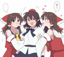  3girls arm_hug ascot belt black_bow black_bowtie blush bow bowtie brown_eyes brown_hair clone closed_mouth collared_shirt commentary_request detached_sleeves double_arm_hug flying_sweatdrops frilled_bow frilled_hair_tubes frills hair_bow hair_tubes hakurei_reimu hat heart highres long_hair multiple_girls open_mouth pointy_ears red_bow red_eyes red_hat red_skirt sakic43899 shameimaru_aya shirt skirt skirt_set speech_bubble sweat tokin_hat touhou translated white_shirt yuri 