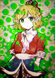  1girl arms_behind_back black_skirt blonde_hair brown_shirt closed_mouth colored_skin commentary_request cowboy_shot expressionless green_background green_eyes hair_ribbon looking_at_viewer mizuhashi_parsee pointy_ears red_ribbon ribbon sash shirt short_hair short_sleeves skirt solo tama_(hiroshige_36) touhou white_sash white_skin 