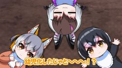  3girls animal_ears baby bat_ears bat_girl bat_wings bib black_hair brown_hair brown_long-eared_bat_(kemono_friends) closed_eyes extra_ears fox_ears fox_girl grey_hair headphones highres humboldt_penguin_(kemono_friends) island_fox_(kemono_friends) kemono_friends kemono_friends_v_project looking_at_viewer multicolored_hair multiple_girls official_art penguin_girl ribbon shirt short_hair streaked_hair virtual_youtuber wings yellow_eyes zonchuu_zombie_jk_wa_game_haishinchuu 