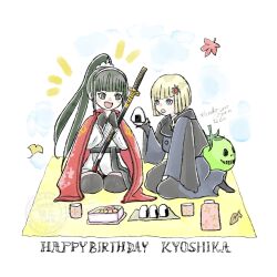  2girls :d :o absurdres autumn_leaves bento black_coat black_gloves black_hair blonde_hair blue_eyes cape coat commentary cup dated dougi english_commentary english_text food gem gem_hair_ornament gloves grey_eyes hair_ornament hairband happy_birthday highres holding holding_food leaf long_hair magadori_kyoshika martial_arts_belt mask mixed-language_commentary multiple_girls onigiri oosuzuki_kurara picnic ponytail red_cape red_gemstone rj_octr seiza sheath sheathed short_hair signature sitting smile sword the_hundred_line_-last_defense_academy- unworn_mask weapon white_hairband yunomi 
