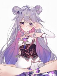  1girl absurdres black_corset castellayaki chest_jewel colored_inner_hair corset detached_collar detached_sleeves double_bun dress gem gradient_hair grey_hair hair_bun hashtag-only_commentary highres hololive hololive_english jewel_under_eye koseki_bijou koseki_bijou_(1st_costume) long_hair looking_at_viewer material_growth multicolored_hair pink_hair purple_gemstone purple_hair simple_background single_detached_sleeve solo v v_over_eye very_long_hair violet_eyes virtual_youtuber white_background white_dress 