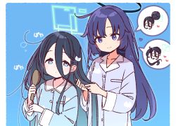 2girls aris_(blue_archive) black_hair black_halo blue_archive blue_eyes blue_shirt blush border buttons cat_hair_ornament closed_mouth commentary_request double-parted_bangs green_halo hair_between_eyes hair_brush hair_bun hair_ornament halo heart heart_in_eye holding holding_another&#039;s_hair holding_hair_brush long_hair long_hair_between_eyes long_sleeves mechanical_halo messy_hair multiple_girls outline pajamas parted_bangs purple_hair purple_shirt rectangular_halo shirt side_ponytail simple_background single_hair_bun smile spoken_character symbol_in_eye upper_body white_border yoru_nai yuuka_(blue_archive) 