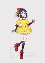  1girl black_hair black_socks blue_eyes blue_hair colored_inner_hair commentary_request detached_sleeves dress highres liko_(pokemon) looking_at_viewer mayona_(mayona1poke) multicolored_hair pokemon pokemon_(anime) pokemon_horizons red_shoes shoes short_hair socks solo twitter_username watermark yellow_dress 