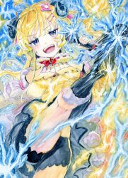  absurdres ahoge animal_ears black_boots black_skirt blonde_hair boots breasts detached_sleeves dress electricity fur-trimmed_boots fur-trimmed_dress fur_trim hair_ornament hairclip high_kick highres holding holding_microphone hololive horns incoming_kick kicking kneepits large_breasts long_hair making-of_available medinki microphone open_mouth painting_(medium) sheep_ears sheep_girl sheep_horns short_dress shorts shorts_under_skirt skirt skirt_under_dress sleeveless sleeveless_dress small_sweatdrop teeth traditional_media tsunomaki_watame tsunomaki_watame_(1st_costume) v-shaped_eyebrows very_long_hair violet_eyes virtual_youtuber watercolor_(medium) white_dress 