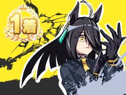  132109chisato 1girl adjusting_clothes adjusting_gloves ahoge animal_ears black_gloves black_hair ear_ornament ear_tag earrings gloves hair_between_eyes hem_peeking_out highres horse_ears horse_girl jewelry long_bangs long_hair long_hair_between_eyes long_sleeves looking_at_viewer manhattan_cafe_(creeping_black)_(umamusume) manhattan_cafe_(umamusume) multicolored_hair shirt single_earring solo umamusume very_long_hair white_hair yellow_eyes 