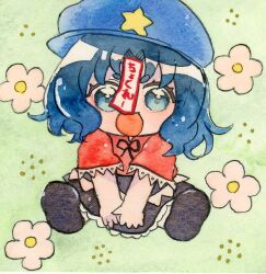 1girl :d black_ribbon black_shoes black_skirt blue_eyes blue_hair blush chibi chibi_only commentary_request expressive_clothes full_body green_background hat hat_ornament jiangshi lace-trimmed_sleeves lace_trim looking_at_viewer miyako_yoshika neck_ribbon newsboy_cap ofuda open_mouth painting_(medium) pppppks red_shirt ribbon shirt shoes short_hair short_sleeves sitting skirt smile solo star_(symbol) star_hat_ornament thick_eyebrows touhou traditional_media v-shaped_eyebrows watercolor_(medium) 