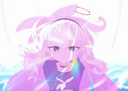  1girl black_choker black_coat black_eyes black_headband black_sailor_collar black_shirt blue_archive blush braid choker coat collarbone cropped_shirt floating_hair hair_between_eyes hair_ribbon halo headband highres lens_flare light_rays light_reflection_(water) long_hair looking_at_viewer messy_hair neckerchief open_mouth plana_(blue_archive) quilt_heron red_halo ribbon sailor_collar shirt sparkling_eyes triangle_mouth very_long_hair white_hair white_neckerchief white_ribbon 