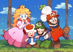  1girl 2boys arms_up black_hair blonde_hair blue_sky boots brown_boots brown_hair clouds commentary crown day dress earrings facial_hair gloves green_hat hanaon hat highres holding jewelry kneeling long_hair luigi mario multiple_boys mustache open_mouth outdoors overalls pink_dress princess_peach radish red_hat sky solid_circle_eyes standing super_mario_bros. super_mario_bros._2 toad_(mario) twitter_username 
