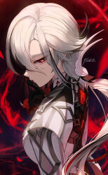  1girl absurdres arlecchino_(genshin_impact) black_eyes black_hair black_hands colored_extremities fingernails from_side genshin_impact grey_hair hair_between_eyes highres index_finger_raised jacket long_hair looking_at_viewer multicolored_hair pioko ponytail sharp_fingernails solo streaked_hair symbol-shaped_pupils upper_body vision_(genshin_impact) white_jacket x-shaped_pupils 