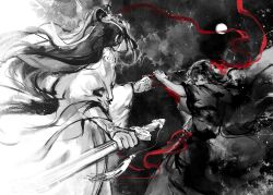 2boys battle bichen_sword black_hair black_hanfu chenqing_flute chinese_clothes chinese_commentary dizi duel faux_traditional_media fighting floating_clothes floating_hair flute flute_tassel from_side full_moon greyscale hair_down hair_ribbon half_updo hanfu headband highres holding holding_flute holding_instrument holding_sword holding_weapon huashengdoufu implied_yaoi ink_wash_painting instrument jian_(weapon) lan_wangji light_particles long_hair long_sleeves looking_at_another male_focus modao_zushi monochrome moon multiple_boys night night_sky official_alternate_hairstyle outstretched_arm ponytail profile red_eyes red_ribbon ribbon robe sash sky spot_color sword tassel transverse_flute very_long_hair weapon wei_wuxian wei_wuxian_(yiling_laozu) white_hanfu white_headband wide_sleeves xiao_guan_(headdress) 