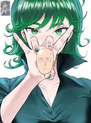  1boy 1girl absurdres bald devovas disembodied_head green_eyes green_hair green_nails highres holding one-punch_man photo-referenced photo_inset portrait saitama_(one-punch_man) sweatdrop tatsumaki 