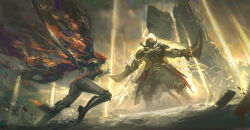  1girl 2boys absurdly_long_hair absurdres amputee armor blonde_hair brother_and_sister bug butterfly completely_nude elden_ring elden_ring:_shadow_of_the_erdtree fake_horns glowing gold_armor golden_sword half-siblings helmet highres holding holding_sword holding_weapon horned_helmet horns leo-dont-want-to-be-a-painter light_rays long_hair malenia_blade_of_miquella malenia_goddess_of_rot miquella_(elden_ring) multiple_boys nude ornate_armor promised_consort_radahn prosthesis prosthetic_arm prosthetic_leg red_hair siblings sleeveless_tunic starscourge_greatsword sword triple_amputee tunic very_long_hair wavy_hair weapon white_tunic yellow_aura 