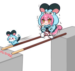  &gt;_&lt; 1girl :3 balancing black_garter_straps blue_capelet blue_hood blush capelet chattino_(raora_panthera) chibi chibi_only closed_mouth commentary english_commentary food garter_straps hololive hololive_english hood hooded_capelet mixed-language_commentary nikoo oversized_food oversized_object panther_girl panther_tail pink_hair pink_tail pocky raora_panthera raora_panthera_(1st_costume) running shorts simple_background sweatdrop tail thigh-highs thighs virtual_youtuber white_background white_shorts white_thighhighs yellow_eyes 