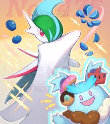  1girl berry_(pokemon) closed_mouth commentary_request doughnut food gallade mascot_costume mega_gallade nidothing oran_berry outline pokemon pokemon_(anime) pokemon_(creature) pokemon_horizons red_eyes rotom rotom_phone sliced_fruit slicing smile sparkle twitter_username watermark wing_(wing_0319) 