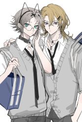  2boys absurdres animal_ear_hairband animal_ears aqua_eyes arm_around_shoulder bag bespectacled black_choker black_hairband black_necktie black_pants blonde_hair blue_bag brown_hair cardigan cat_ear_hairband cat_ears chinese_commentary choker closed_mouth collared_shirt cowboy_shot earphones earrings fake_animal_ears glasses grey_pants grey_sweater_vest hair_between_eyes hair_ornament hairband hairclip hand_in_pocket hand_on_another's_shoulder highres holding holding_strap jewelry kayu_(yukagoin) long_hair looking_at_viewer loose_necktie luca_kaneshiro male_focus medium_hair multiple_boys mysta_rias necklace necktie nijisanji nijisanji_en open_collar pants parted_bangs ring round_eyewear school_bag school_uniform shared_earphones shirt short_hair shoulder_bag simple_background sketch sweater_vest violet_eyes virtual_youtuber white_background white_shirt 