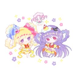  3girls absurdly_long_hair asahina_mirai back_bow bare_legs barefoot black_hat blonde_hair blunt_bangs bow bow_skirt bowtie braid braided_hair_rings brown_wrist_cuffs bubble_skirt candy_hair_ornament chibi child chinese_commentary clenched_hands closed_mouth coattails collared_dress commentary_request cure_magical cure_magical_(topaz_style) cure_miracle cure_miracle_(topaz_style) curious dress earrings fairy flower flower_dress flower_earrings food food-themed_hair_ornament frilled_gloves frilled_skirt frilled_sleeves frills gloves green_dress green_eyes ha-chan_(mahou_girls_precure!) hair_between_eyes hair_flower hair_ornament hair_rings hairband happy hat hat_ornament head_wreath heart heart_hat_ornament highres izayoi_liko jewelry leg_up light_blush long_dress long_hair magical_girl mahou_girls_precure! medium_hair mini_hat mini_witch_hat miniskirt multiple_girls open_mouth orange_bow orange_bowtie pink_eyes pink_flower pink_hair pink_hat precure pudding puffy_short_sleeves puffy_sleeves purple_hair quqi_xiao_shuang red_bow red_bowtie short_dress short_hair short_sleeves short_twintails simple_background skirt skirt_under_dress smile sparkle star_(symbol) star_hat_ornament tareme twintails variant_set vertical-striped_background very_long_hair violet_eyes white_background white_gloves witch_hat wrist_cuffs yellow_bow yellow_dress yellow_hairband yellow_skirt 