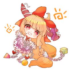  1girl ahoge blue_overskirt blue_skirt blunt_bangs bow chain chibi chibi_only commentary cube cuffs footwear_bow frilled_wristband full_body grin hair_bow highres horns htk_mikan ibuki_suika long_hair looking_at_viewer low-tied_long_hair neck_ribbon oni orange_hair orb outstretched_arms pyramid_(geometry) red_bow red_ribbon ribbon shackles shirt skirt sleeveless sleeveless_shirt smile socks solo symbol-only_commentary touhou very_long_hair white_shirt white_socks 