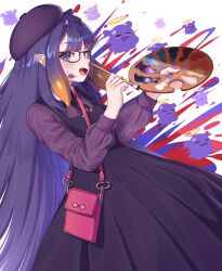  1girl 6+others :3 absurdres bag beret black_dress blue_eyes blunt_bangs collared_shirt commentary_request dress glasses gradient_hair halo handbag hat highres holding holding_paint_palette holding_paintbrush hololive hololive_english long_dress long_hair mole mole_under_eye multicolored_hair multiple_others ninomae_ina&#039;nis orange_hair paint_palette paint_splatter paint_splatter_on_face paintbrush pietrosatou pointy_ears profile purple_hair purple_hat ribbed_shirt shirt takodachi_(ninomae_ina&#039;nis) tentacle_hair very_long_hair virtual_youtuber 
