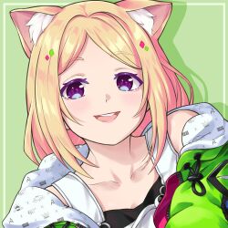  1girl :d aki_rosenthal aki_rosenthal_(gaming_casual) animal_ear_fluff animal_ears black_shirt blonde_hair blush border cat_ears drop_shadow green_background green_jacket highres hololive jacket long_hair looking_afar low_twintails official_alternate_costume official_alternate_hairstyle overalls parted_bangs rena_sakuma shirt smile solo teeth twintails two-sided_fabric two-sided_jacket upper_body upper_teeth_only violet_eyes virtual_youtuber white_overalls 