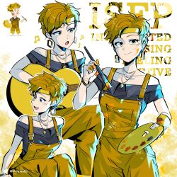  16personalities 1girl adventurer_(16personalities) bare_shoulders black_shirt blonde_hair breasts closed_mouth cloumello collarbone commentary earrings guitar headband highres holding holding_guitar holding_instrument holding_paint_palette holding_paintbrush instrument jewelry looking_at_viewer multiple_views musical_note myers-briggs_type_indicator necklace open_mouth overalls paint_palette paintbrush shirt short_hair smile yellow_eyes yellow_headband yellow_overalls yellow_theme 
