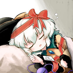  1girl black_hat blanket blouse buttons christmas closed_eyes commentary diamond_button eyeball frilled_shirt_collar frilled_sleeves frills green_hair hat hat_ribbon heripantomorrow komeiji_koishi long_sleeves merry_christmas pillow red_ribbon ribbon shirt sleeping solo squeans third_eye touhou unworn_headwear yellow_ribbon yellow_shirt 