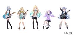  5girls :d aizawa_ema arm_up black_cardigan black_ribbon black_shoes black_skirt black_thighhighs blazer blonde_hair blue_bow blue_eyes blue_hair blue_necktie blush bow brown_cardigan brown_jacket brown_pantyhose brown_shoes cardigan closed_mouth collared_shirt commentary_request commission dress_shirt drumsticks electric_guitar frilled_socks frills gradient_hair grey_eyes grey_hair grey_necktie guitar hair_ornament hair_ribbon hairclip highres holding holding_instrument holding_plectrum instrument jacket kaga_sumire kogara_toto loafers long_hair long_sleeves loose_socks low_twintails multicolored_hair multiple_girls myusha necktie official_art open_clothes open_jacket pantyhose plaid_clothes plaid_necktie plaid_skirt pleated_skirt plectrum puffy_long_sleeves puffy_sleeves purple_cardigan purple_hair red_eyes ribbon sample_watermark shinomiya_runa shirt shoes short_hair simple_background sitting skirt sleeves_past_wrists smile socks stool thigh-highs twintails two_side_up very_long_hair virtual_youtuber vspo! watermark white_background white_shirt white_socks yano_kuromu yellow_bow yellow_eyes 