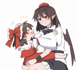  2girls aged_down ascot blush bow brown_hair child closed_eyes closed_mouth collared_shirt commentary_request detached_sleeves frilled_bow frilled_hair_tubes frilled_skirt frills hair_bow hair_tubes hakurei_reimu hat headpat long_hair looking_at_another multiple_girls open_mouth pointy_ears puffy_short_sleeves puffy_sleeves red_bow red_eyes red_hat red_skirt sakic43899 shameimaru_aya shirt short_sleeves simple_background sitting sitting_on_lap sitting_on_person skirt skirt_set smile tokin_hat touhou white_background white_shirt wings yellow_ascot 