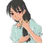  black_hair hair_ornament hairclip hands jewelry long_hair lowres necklace oekaki red_eyes shimano_natsume smile 