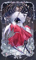  2girls arm_around_waist black_border border bubble_skirt chinese_commentary cloak collared_cloak commentary_request dress elbow_gloves full_body gloves high_collar highres holding holding_staff hollow_knight hollow_knight:_silksong hornet_(hollow_knight) lace_(hollow_knight) leaning_back light_particles looking_at_another multiple_girls nail_(hollow_knight) outside_border picture_frame puffy_short_sleeves puffy_sleeves qishitian_de_yuji red_cloak sekai_wo_kakumei_suru_chikara_wo short_dress short_sleeves shoujo_kakumei_utena skirt staff thread white_dress white_gloves yuri 