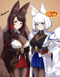  2girls absurdres akagi_(azur_lane) alternate_hairstyle animal_ear_fluff animal_ears azur_lane black_pantyhose blue_eyes blush breasts cowboy_shot fox_ears fox_girl fox_tail gloves highres kaga_(azur_lane) kitsune kyuubi large_breasts long_hair medium_hair multiple_girls multiple_tails nocturnal_melonpan pantyhose parted_lips pleated_skirt red_eyes skirt smile tail undershirt very_long_hair white_hair wide_sleeves 