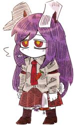  1girl absurdly_long_hair animal_ears arm_garter blush blush_stickers boots carrot chibi chibi_only collar hair_between_eyes holding holding_weapon long_hair long_sleeves necktie purple_hair rabbit_ears rabbit_tail red_eyes red_skirt reisen_udongein_inaba shirt simple_background skirt sleeve_cuffs smoking socks solo standing suenari_(peace) tail touhou very_long_hair weapon white_background white_collar white_shirt 